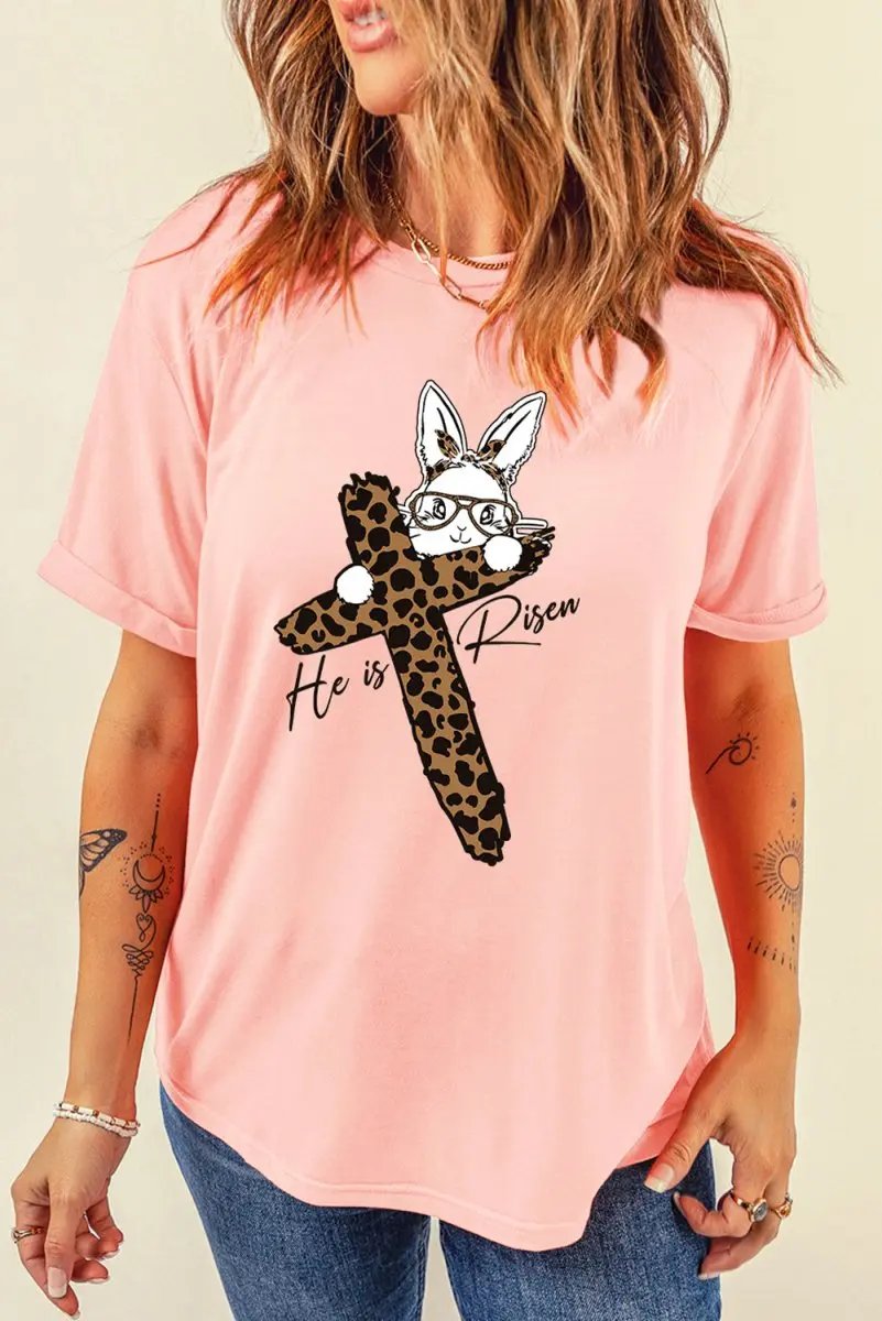 Pink He Is Risen Easter Bunny Leopard Cross Graphic Tee - Love Salve
